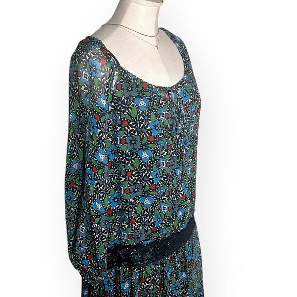 ANNA SUI 100% Silk Retro Dress Drop Waist Floral Sheer Cottagecore Chiffon 4 - Picture 3 of 10